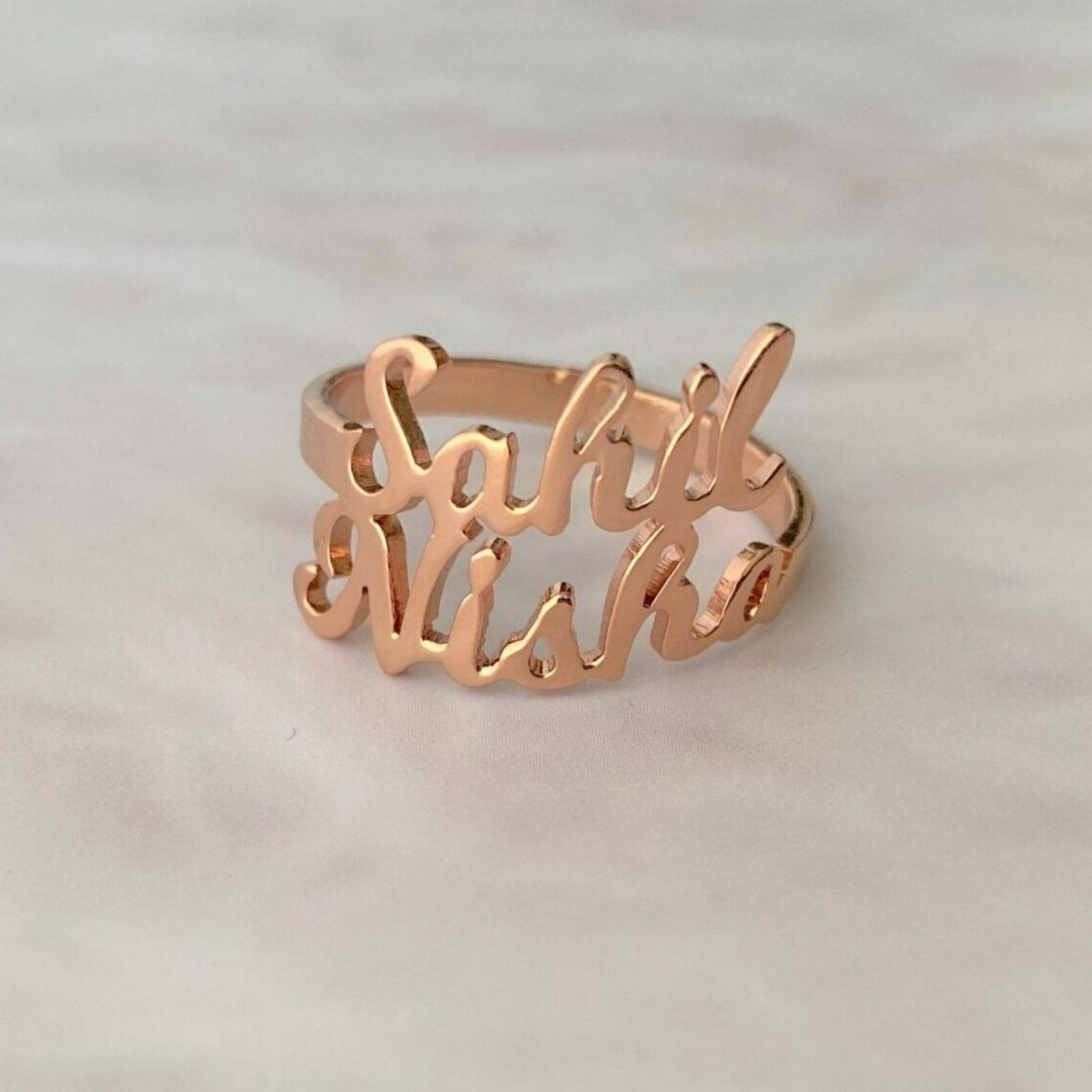 Dual Heart Gold Couple Name Rings