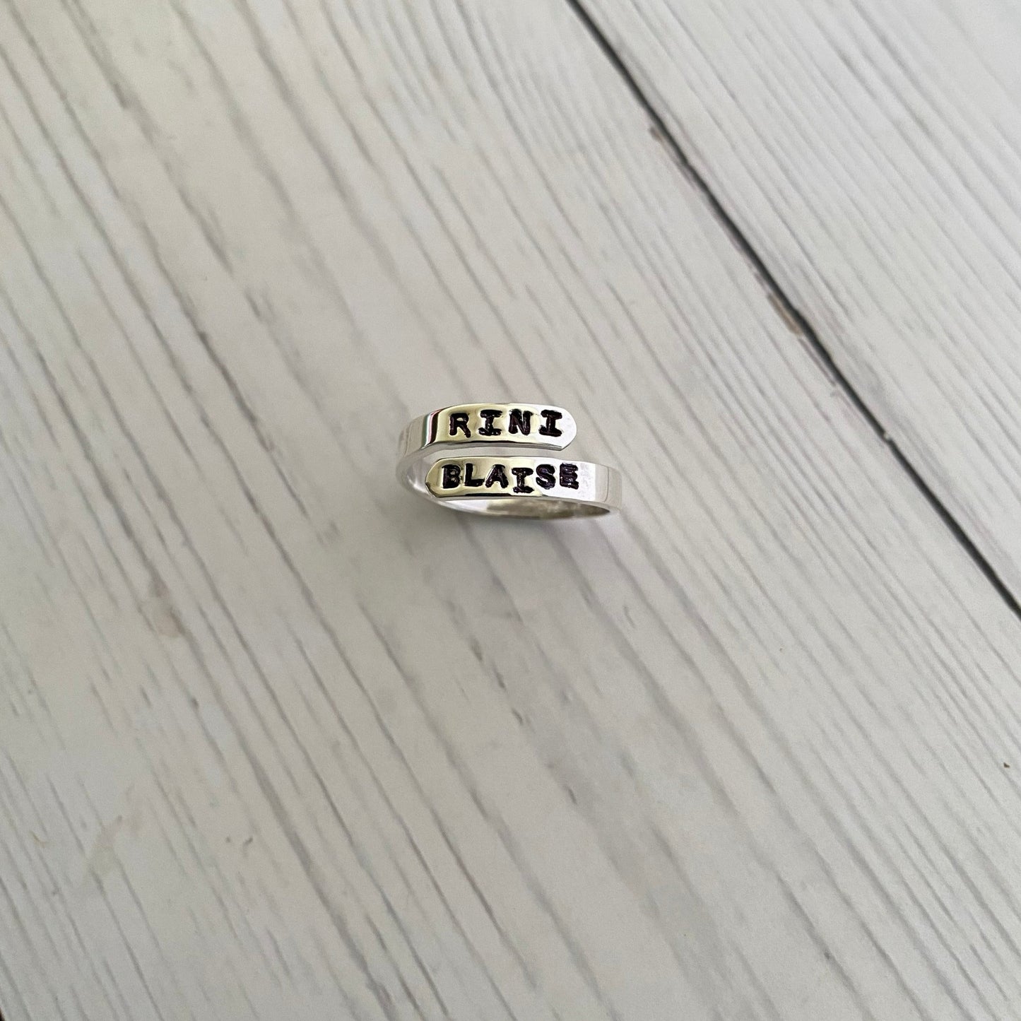 Personalised adjustable stamp couple name ring in 92.5 Sterling Silver